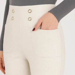 [Leve 3, Pague Só 2] Calça Solena Feminina em Algodão, Poliéster e Viscose de Cintura Alta com Botões Frontais