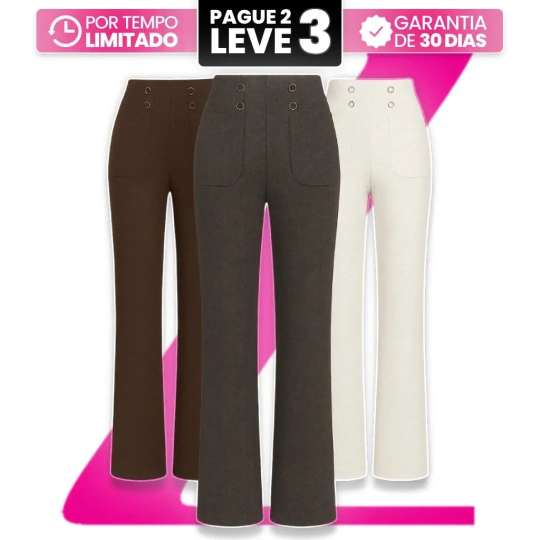 [Leve 3, Pague Só 2] Calça Solena Feminina em Algodão, Poliéster e Viscose de Cintura Alta com Botões Frontais